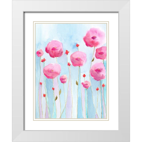 Pink Florets I White Modern Wood Framed Art Print with Double Matting by Moore, Regina