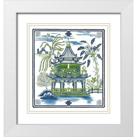 Pagoda Visit I White Modern Wood Framed Art Print with Double Matting by Wang, Melissa