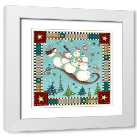 Sledding Snowmen I White Modern Wood Framed Art Print with Double Matting by Eisner, Viv