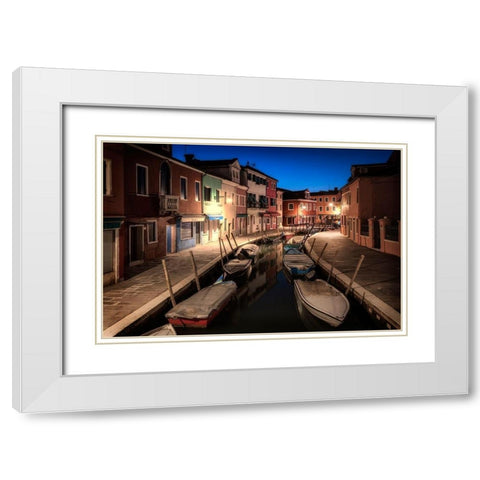 Burano Street Lights II White Modern Wood Framed Art Print with Double Matting by Head, Danny