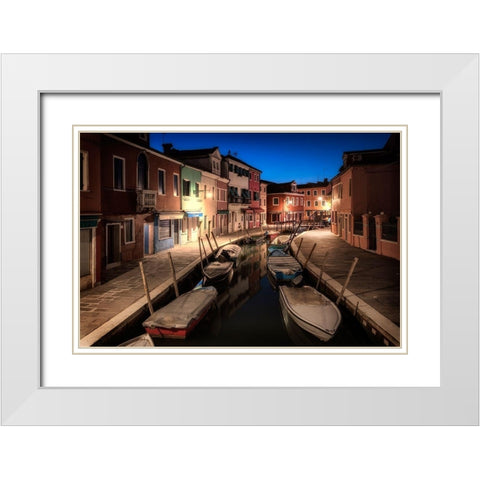 Burano Street Lights II White Modern Wood Framed Art Print with Double Matting by Head, Danny