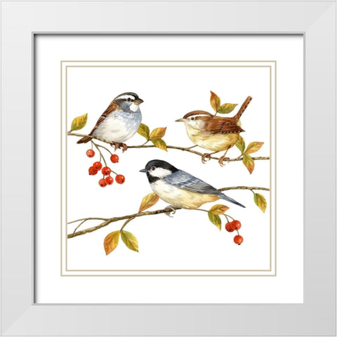Birds and Berries I White Modern Wood Framed Art Print with Double Matting by Maday, Jane