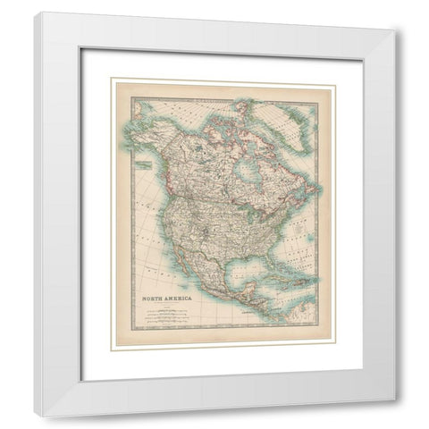 Johnstons Map of North America White Modern Wood Framed Art Print with Double Matting by Johnston