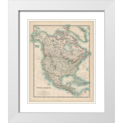 Johnstons Map of North America White Modern Wood Framed Art Print with Double Matting by Johnston