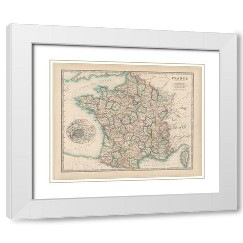 Johnstons Map of France White Modern Wood Framed Art Print with Double Matting by Johnston