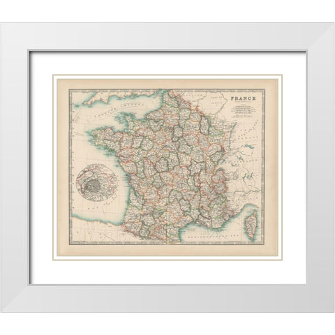 Johnstons Map of France White Modern Wood Framed Art Print with Double Matting by Johnston