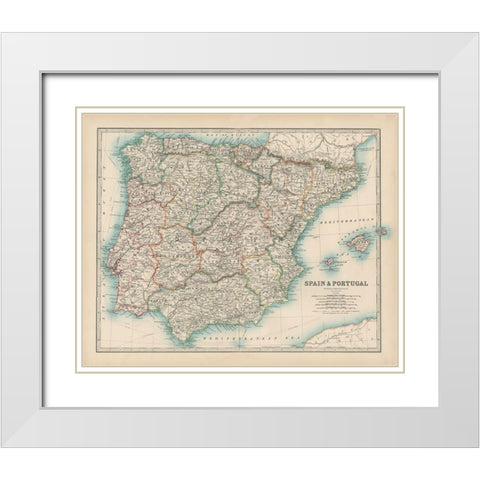 Johnstons Map of Spain and Portugal White Modern Wood Framed Art Print with Double Matting by Johnston