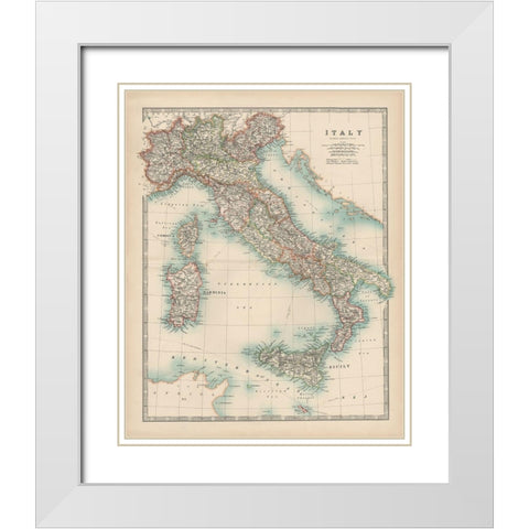 Johnstons Map of Italy White Modern Wood Framed Art Print with Double Matting by Johnston