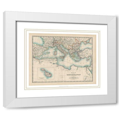 Johnstons Map of the Mediterranean White Modern Wood Framed Art Print with Double Matting by Johnston