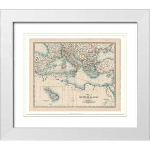 Johnstons Map of the Mediterranean White Modern Wood Framed Art Print with Double Matting by Johnston