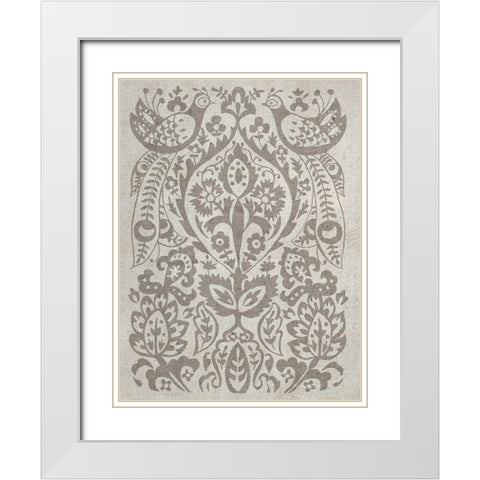 Peacock Damask II White Modern Wood Framed Art Print with Double Matting by Zarris, Chariklia