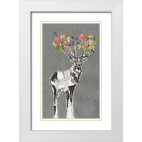 Deer and Flowers I White Modern Wood Framed Art Print with Double Matting by Goldberger, Jennifer