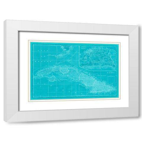 Map of Cuba in Aqua White Modern Wood Framed Art Print with Double Matting by Vision Studio