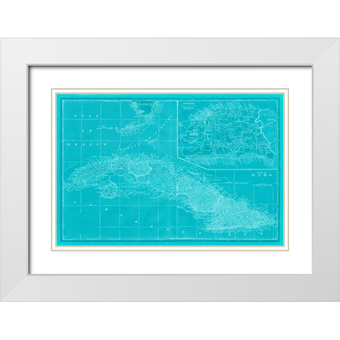 Map of Cuba in Aqua White Modern Wood Framed Art Print with Double Matting by Vision Studio