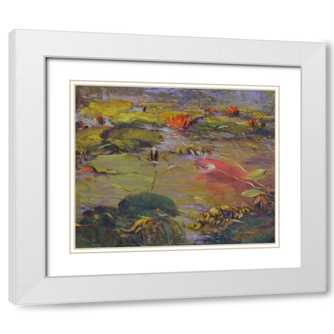 Koi and Lilies I White Modern Wood Framed Art Print with Double Matting by Larivey, Chuck