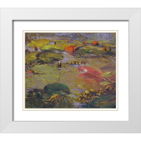 Koi and Lilies I White Modern Wood Framed Art Print with Double Matting by Larivey, Chuck