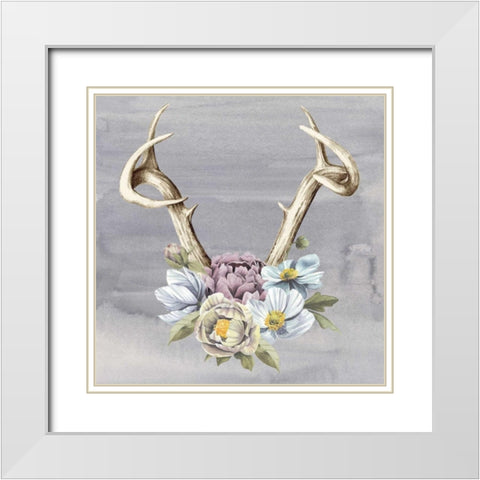Antlers and Flowers I White Modern Wood Framed Art Print with Double Matting by Popp, Grace