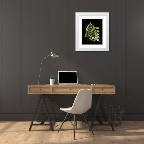 Custom Green Leaves on Black VI (LG) White Modern Wood Framed Art Print with Double Matting by Vision Studio