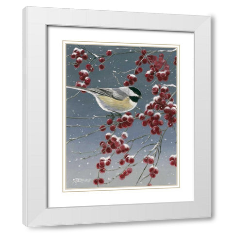 Winter Chickadees I White Modern Wood Framed Art Print with Double Matting by Szatkowski, Fred