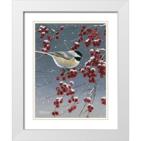 Winter Chickadees I White Modern Wood Framed Art Print with Double Matting by Szatkowski, Fred