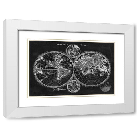 Charcoal World Map White Modern Wood Framed Art Print with Double Matting by Studio W