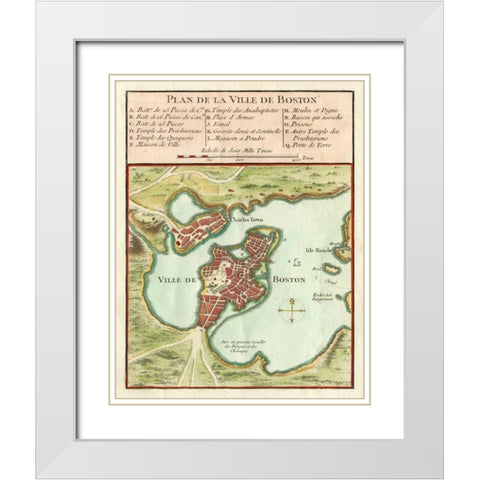 Petite Map of the City of Boston White Modern Wood Framed Art Print with Double Matting by Unknown