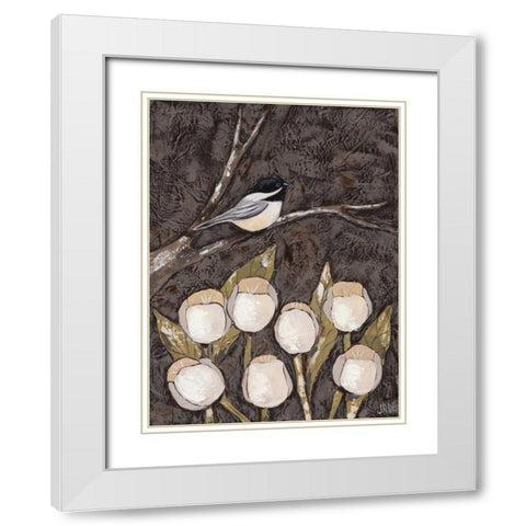 Chickadee and Tulips I White Modern Wood Framed Art Print with Double Matting by Reynolds, Jade