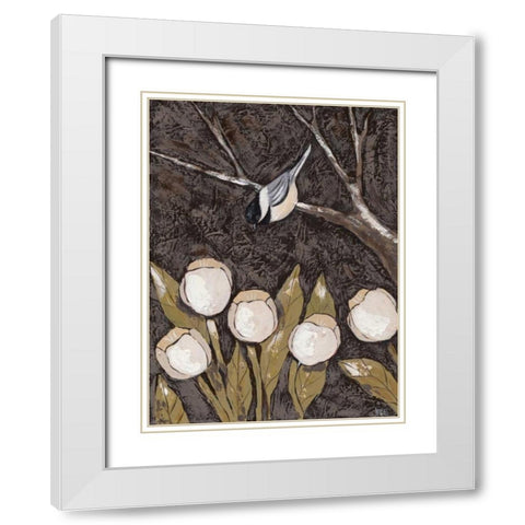 Chickadee and Tulips II White Modern Wood Framed Art Print with Double Matting by Reynolds, Jade