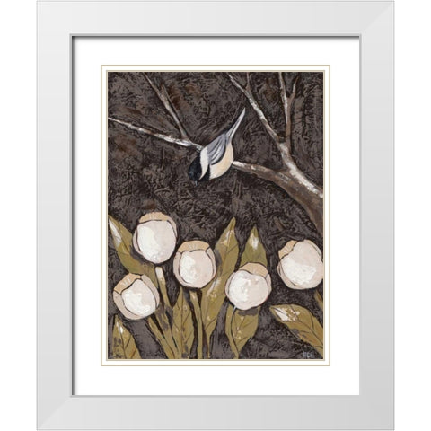 Chickadee and Tulips II White Modern Wood Framed Art Print with Double Matting by Reynolds, Jade