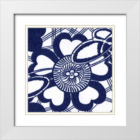 Indigo Floral Katagami II White Modern Wood Framed Art Print with Double Matting by Vision Studio