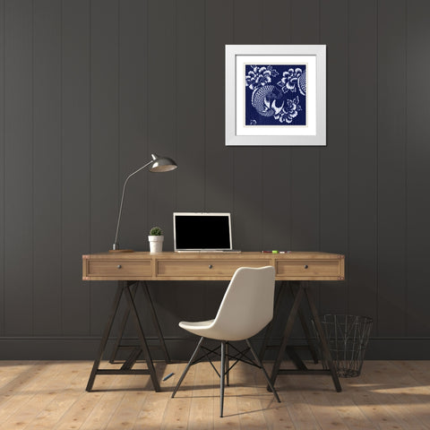 Indigo Carp Katagami I White Modern Wood Framed Art Print with Double Matting by Vision Studio