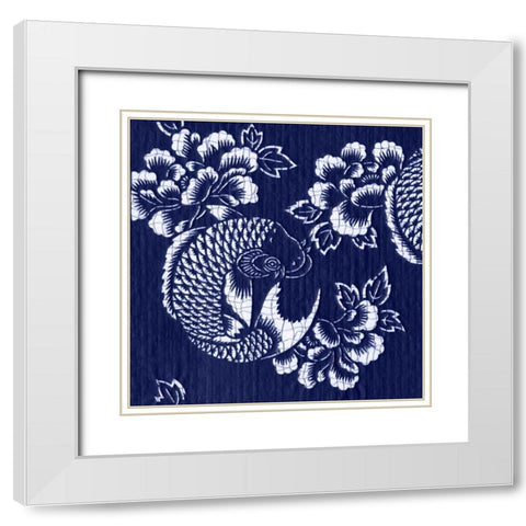 Indigo Carp Katagami I White Modern Wood Framed Art Print with Double Matting by Vision Studio