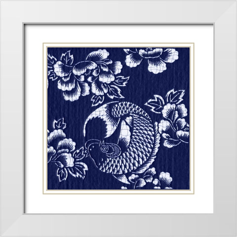 Indigo Carp Katagami III White Modern Wood Framed Art Print with Double Matting by Vision Studio