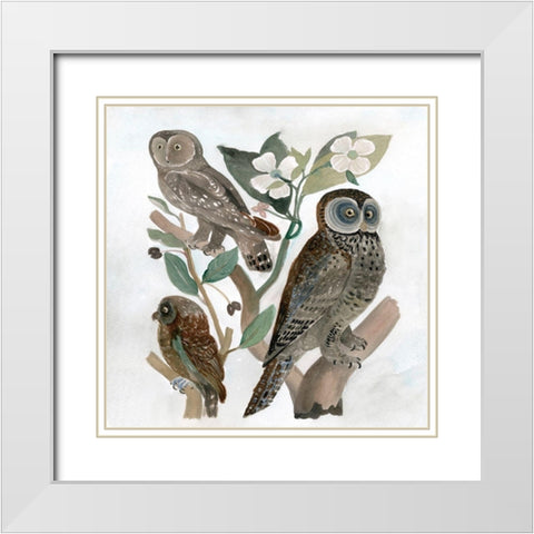 Traditional Owls II White Modern Wood Framed Art Print with Double Matting by Stellar Design Studio