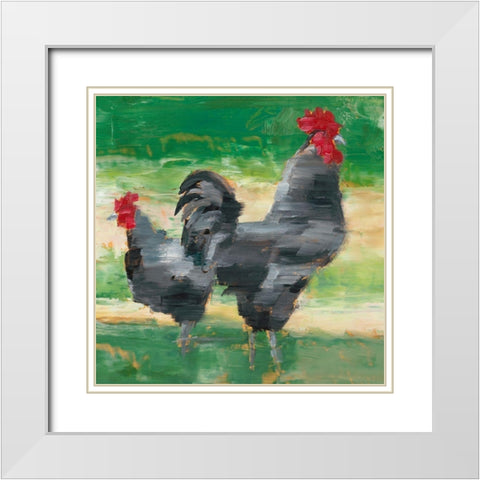 Black Rooster and Hen I White Modern Wood Framed Art Print with Double Matting by Harper, Ethan