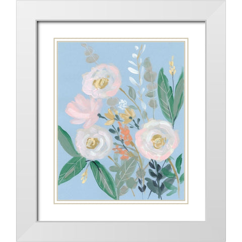 Spring Bouquet on Blue I White Modern Wood Framed Art Print with Double Matting by Goldberger, Jennifer