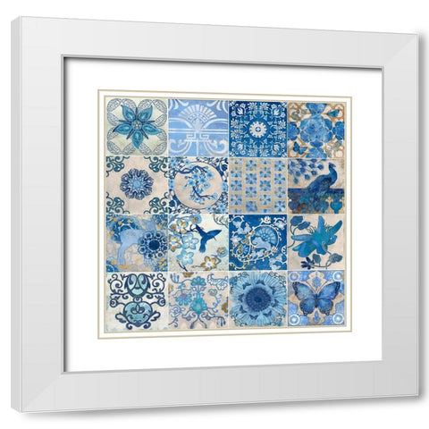 Blue and White Tiles White Modern Wood Framed Art Print with Double Matting by Evelia Designs