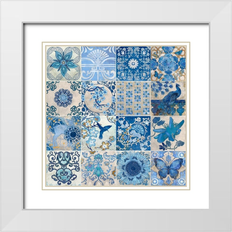 Blue and White Tiles White Modern Wood Framed Art Print with Double Matting by Evelia Designs