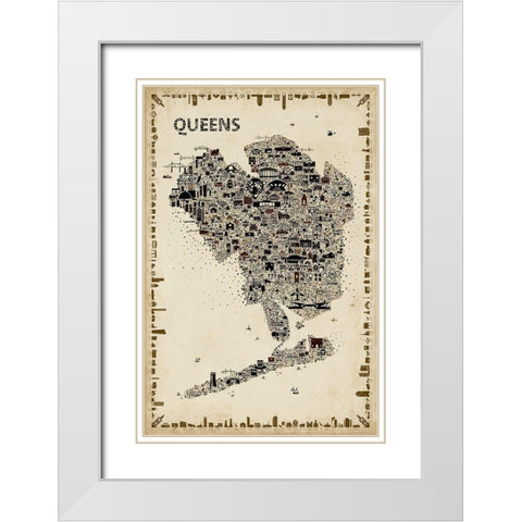 Antique New York Collection-Queens White Modern Wood Framed Art Print with Double Matting by Esquer, Rafael