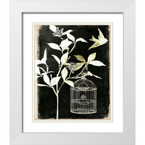 Branch and Bird I White Modern Wood Framed Art Print with Double Matting by Wang, Melissa
