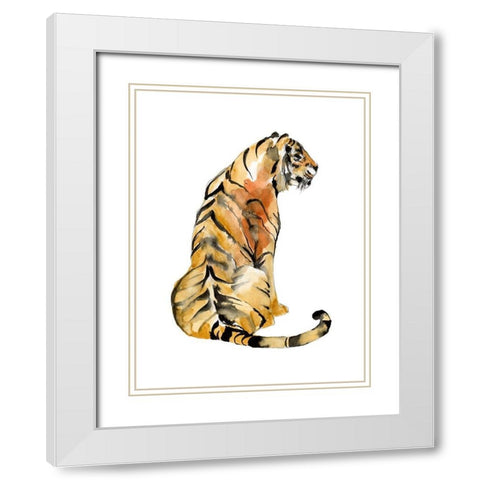 Sitting Tiger I White Modern Wood Framed Art Print with Double Matting by Goldberger, Jennifer