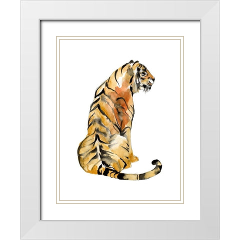 Sitting Tiger I White Modern Wood Framed Art Print with Double Matting by Goldberger, Jennifer