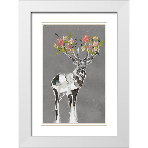 Custom Deer and Flowers I White Modern Wood Framed Art Print with Double Matting by Goldberger, Jennifer
