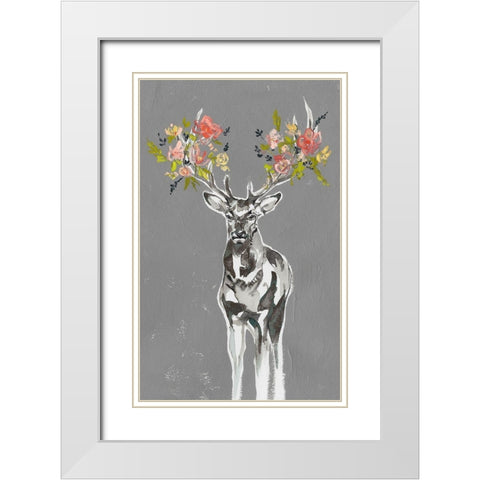 Custom Deer and Flowers II White Modern Wood Framed Art Print with Double Matting by Goldberger, Jennifer