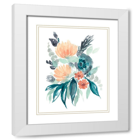 Teal and Peach Bouquet I White Modern Wood Framed Art Print with Double Matting by Goldberger, Jennifer