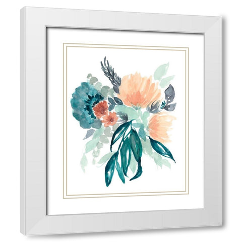 Teal and Peach Bouquet II White Modern Wood Framed Art Print with Double Matting by Goldberger, Jennifer