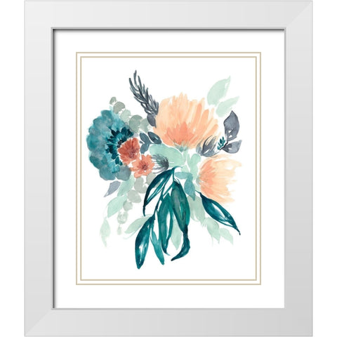 Teal and Peach Bouquet II White Modern Wood Framed Art Print with Double Matting by Goldberger, Jennifer