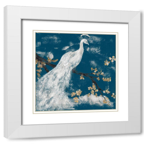 White Peacock on Indigo I White Modern Wood Framed Art Print with Double Matting by Goldberger, Jennifer