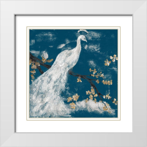 White Peacock on Indigo I White Modern Wood Framed Art Print with Double Matting by Goldberger, Jennifer
