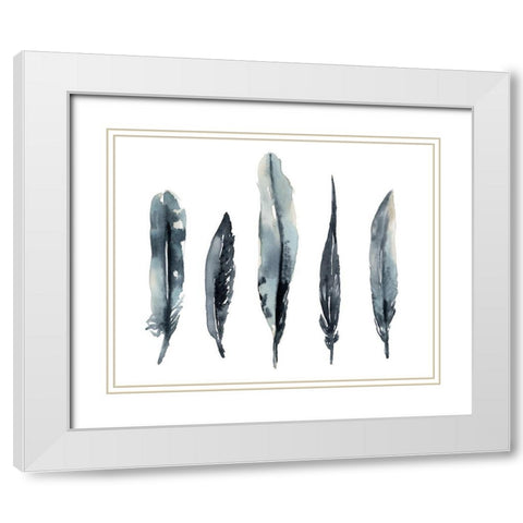 Indigo Feathers I White Modern Wood Framed Art Print with Double Matting by Goldberger, Jennifer